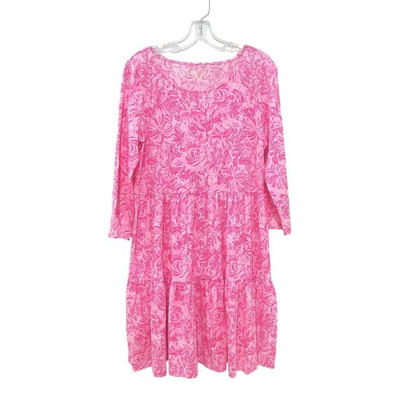 Lilly Pulitzer Dress Geanna Womens Large Pink Floral Tiered Cotton Boho Casual - Picture 4 of 6